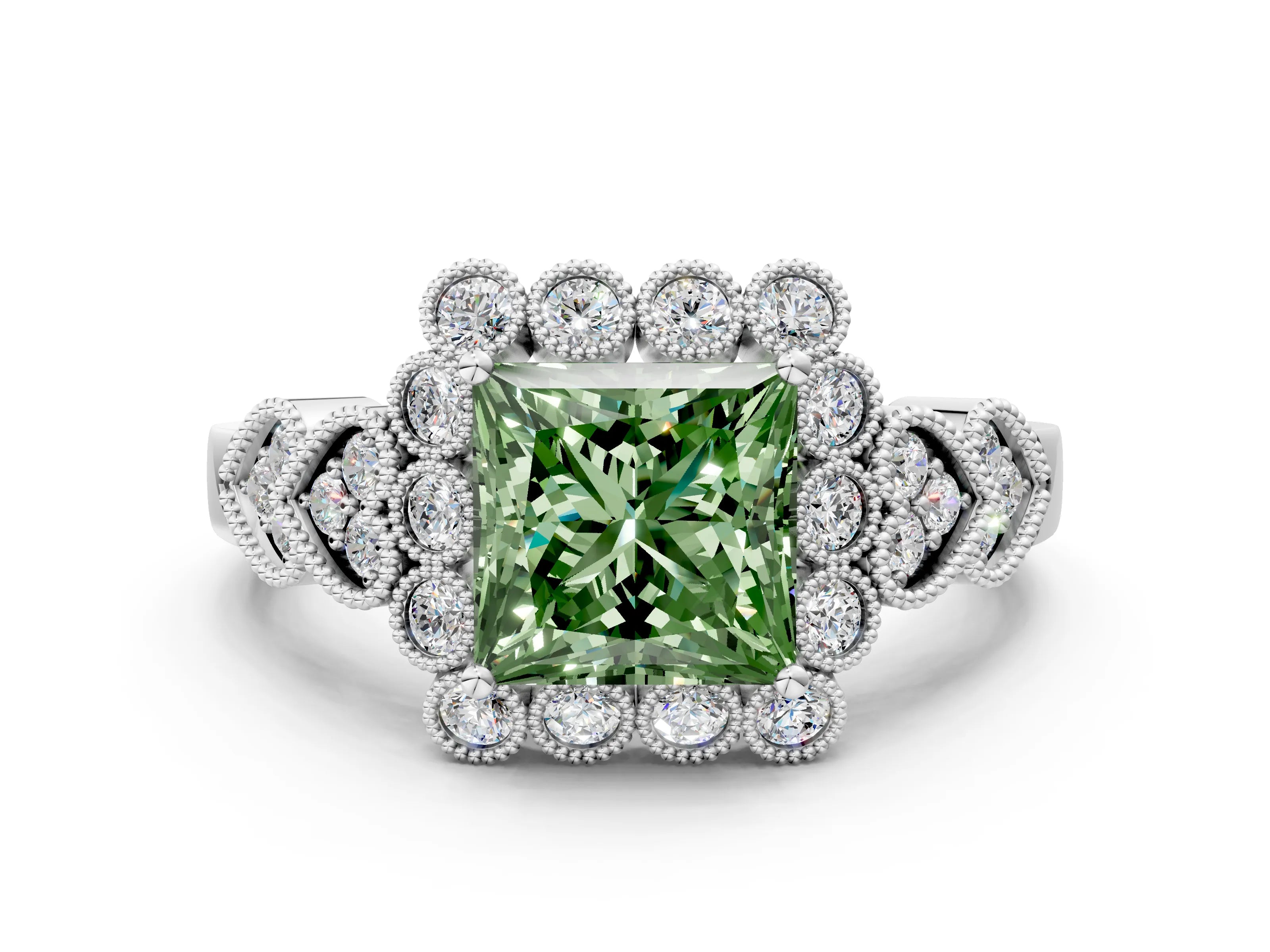 White gold Fancy Green Princess Cut Brilliant Milgrain Pave Heart Band Solitaire Ring