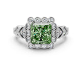White gold Fancy Green Princess Cut Brilliant Milgrain Pave Heart Band Solitaire Ring