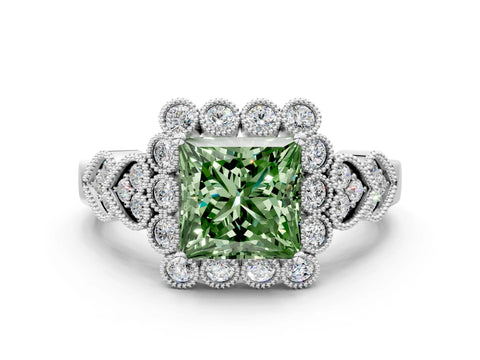 White gold Fancy Green Princess Cut Brilliant Milgrain Pave Heart Band Solitaire Ring