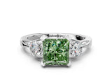 White gold Fancy Green Princess Cut Brilliant Three-Stone Diamond Ring with Pavé Band and Four-Prong Setting_15