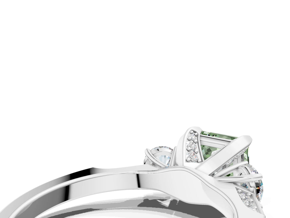 White gold Fancy Green Princess Cut Brilliant Three-Stone Diamond Ring with Pavé Band and Four-Prong Setting_21