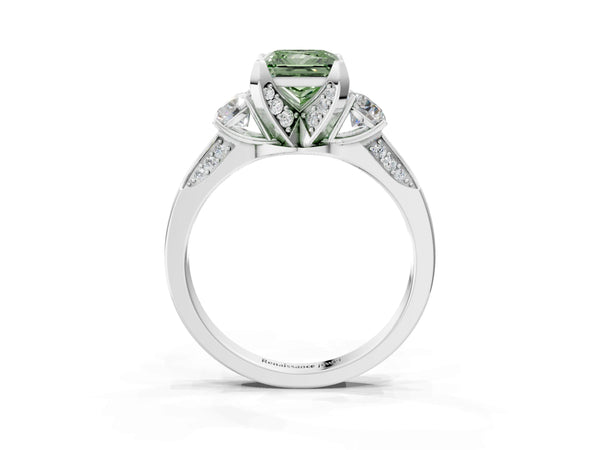 Platinum Princess Cut Three Stone Hidden Halo Engagement Ring Setting for Fancy Green Center
