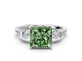 White gold Fancy Green Princess Cut Brilliant Three-Stone Pave Band with Four-Prong Setting