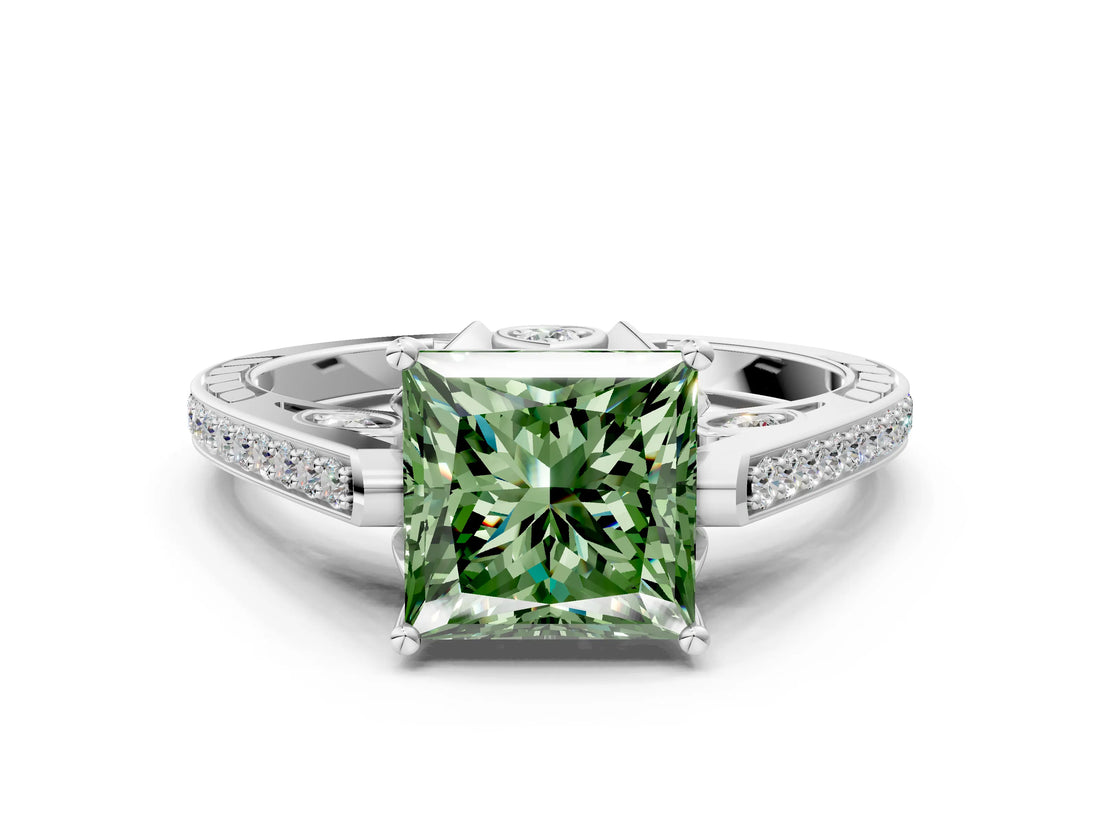 White gold Fancy Green Princess  Cut Cathedral Pave Diamond Engagement Ring with Six-Prong Setting_32