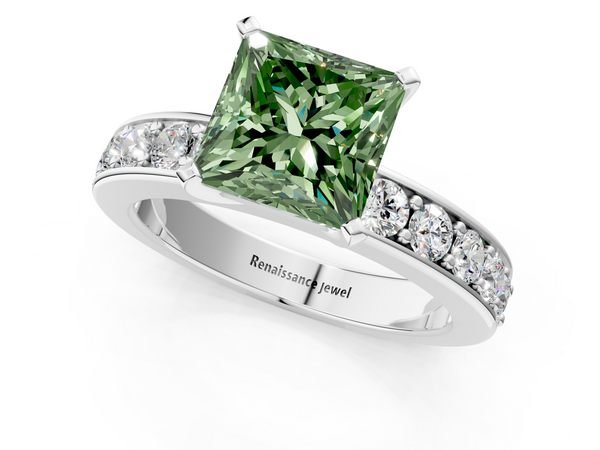 White gold Fancy Green Princess  Cut Channel Set Diamond Engagement Ring with Four-Prong Setting