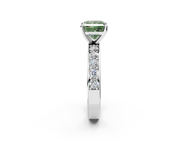White gold Fancy Green Princess  Cut Channel Set Diamond Engagement Ring with Four-Prong Setting