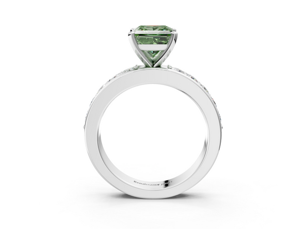 White gold Fancy Green Princess  Cut Channel Set Diamond Engagement Ring with Four-Prong Setting
