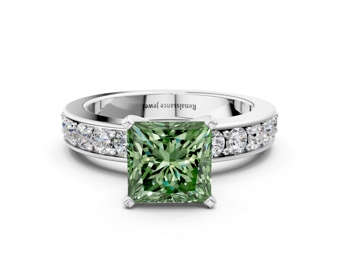 White gold Fancy Green Princess  Cut Channel Set Diamond Engagement Ring with Four-Prong Setting