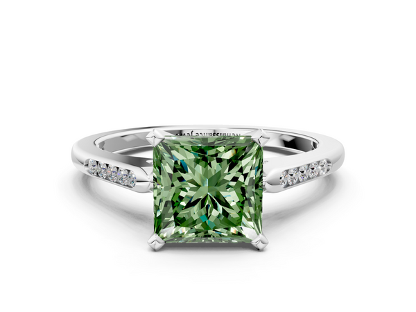 Platinum Fancy Green Princess  Cut Channel Set Solitaire Engagement Ring with Four-Prong Setting