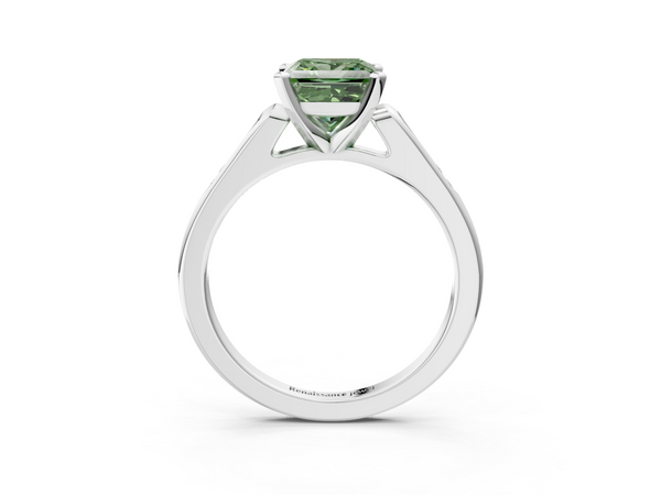 Platinum Fancy Green Princess  Cut Channel Set Solitaire Engagement Ring with Four-Prong Setting