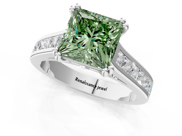 Platinum Princess Cut Channel Set Solitaire Engagement Ring Setting for Fancy Green Center with Double Claw Prongs