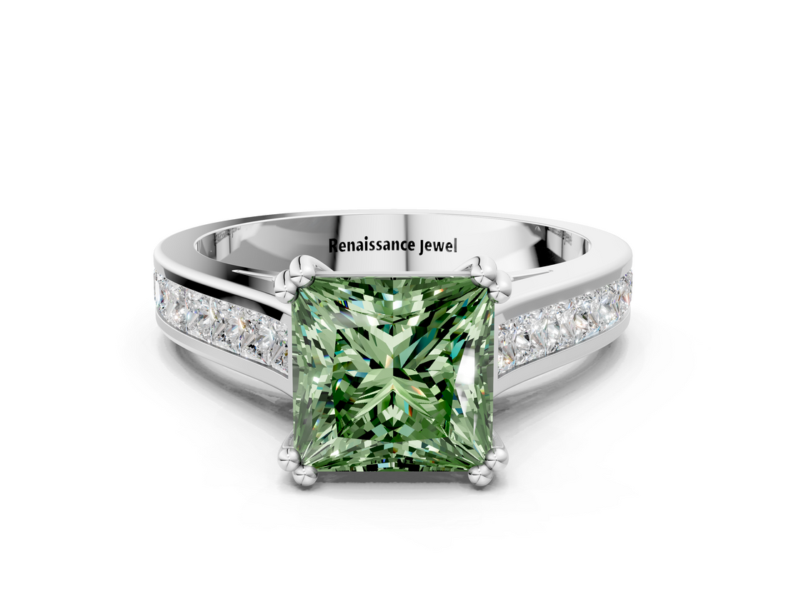 White gold Fancy Green Princess  Cut Channel Set Solitaire Engagement Ring with Prong Setting