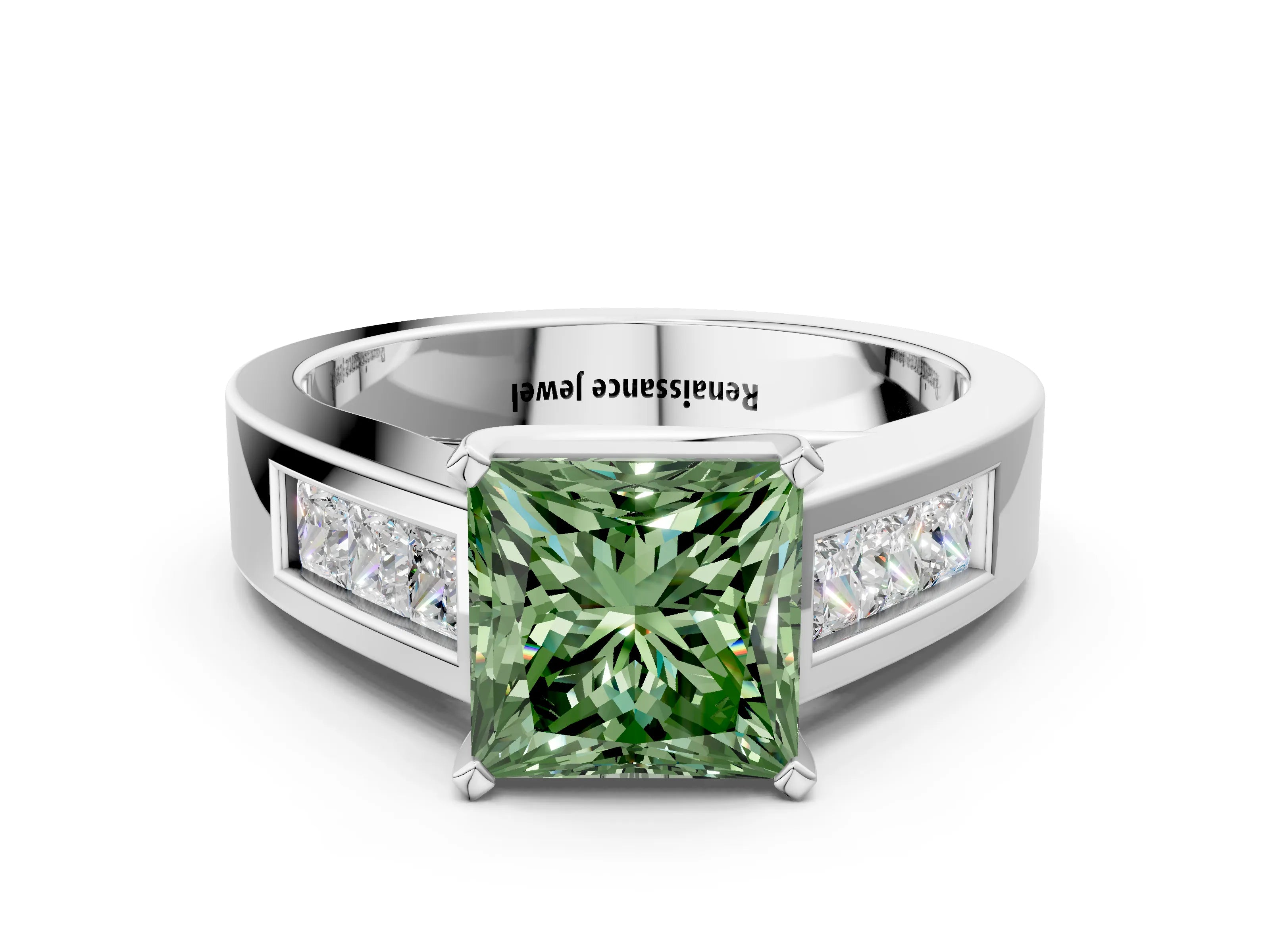 White gold Fancy Green Princess Cut Cut Channel Set Solitaire Ring with Four-Prong Setting_12