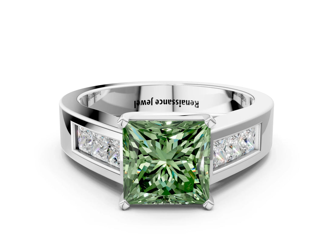 White gold Fancy Green Princess Cut Cut Channel Set Solitaire Ring with Four-Prong Setting_12