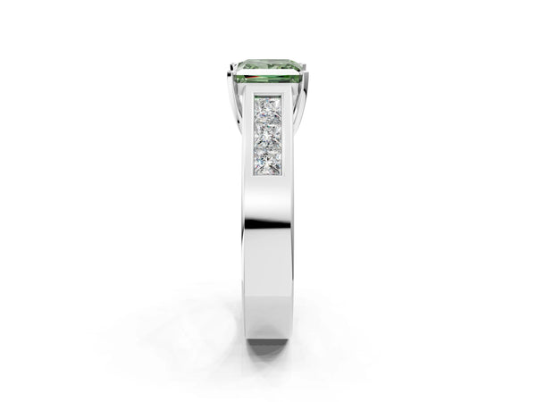 Platinum Fancy Green Princess Cut Cut Channel Set Solitaire Ring with Four-Prong Setting