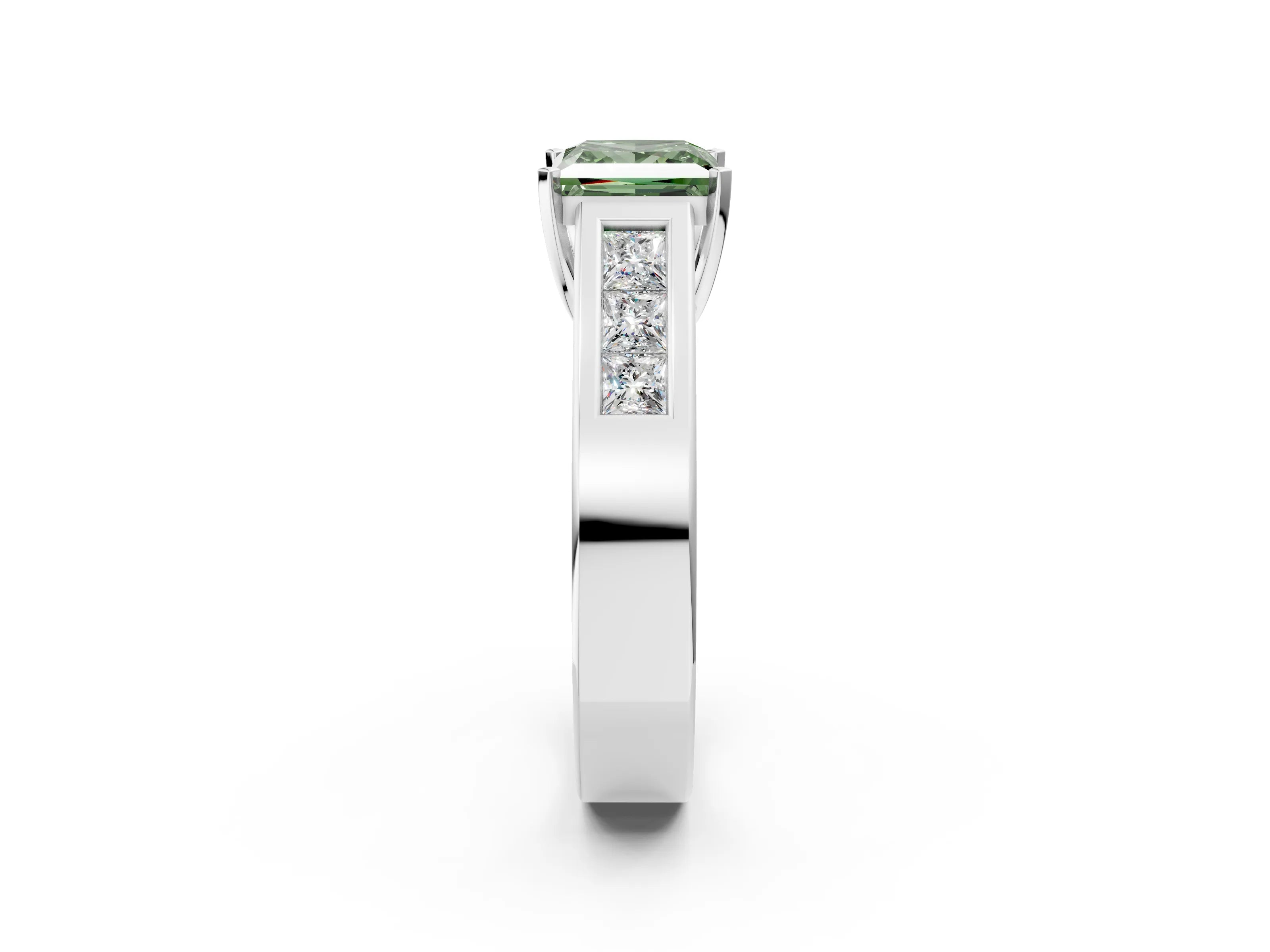 White gold Fancy Green Princess Cut Cut Channel Set Solitaire Ring with Four-Prong Setting_2