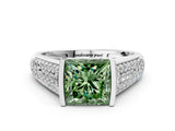 White gold Fancy Green Princess Cut Cut Diamond Channel Set Pave Band with Tension Prong Setting