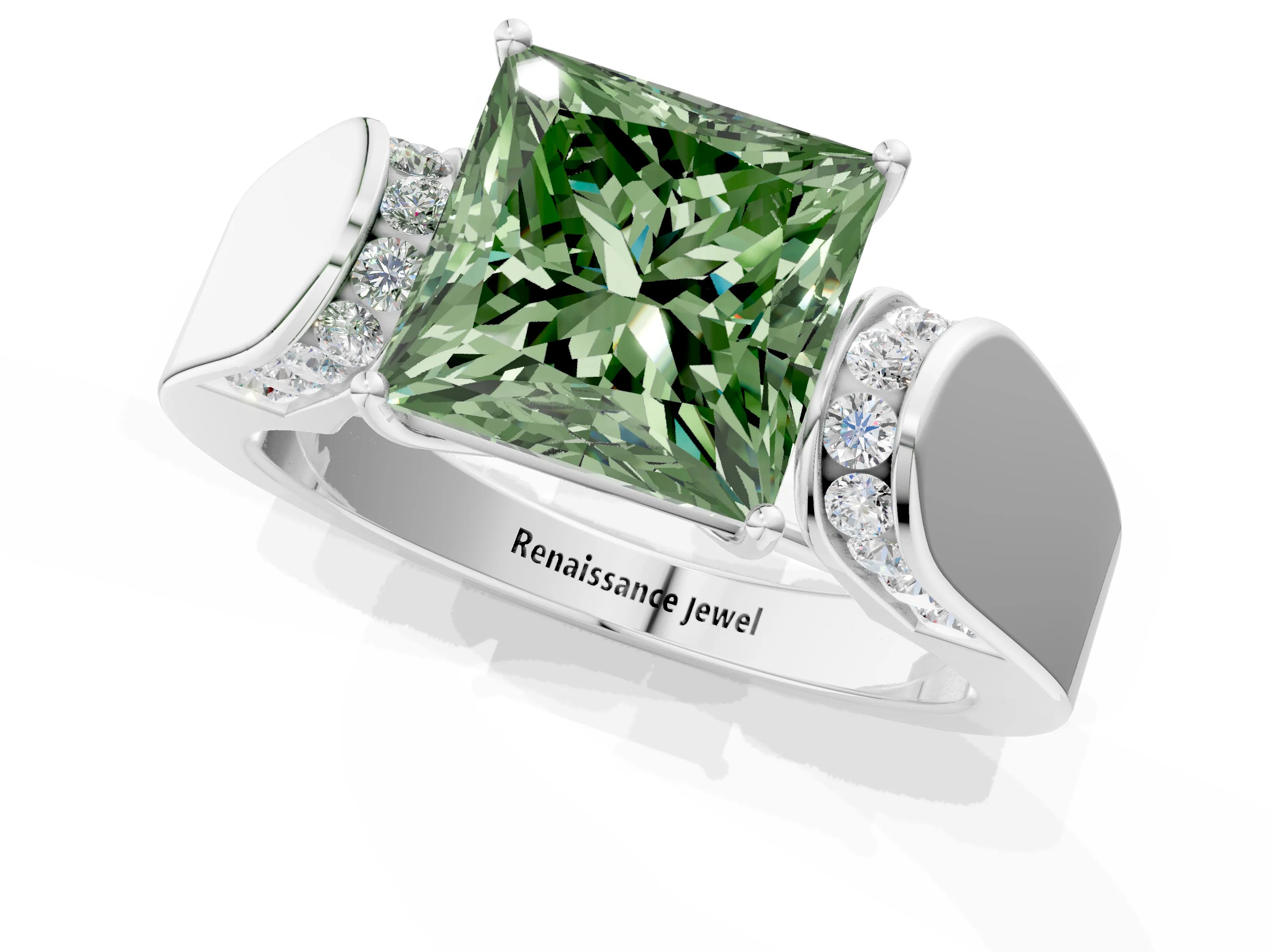 White gold Fancy Green Princess Cut Cut Diamond Channel Set Solitaire Ring with Four-Prong Setting_1