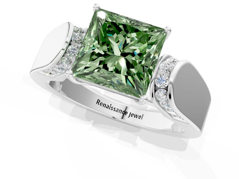 White gold Fancy Green Princess Cut Cut Diamond Channel Set Solitaire Ring with Four-Prong Setting_1