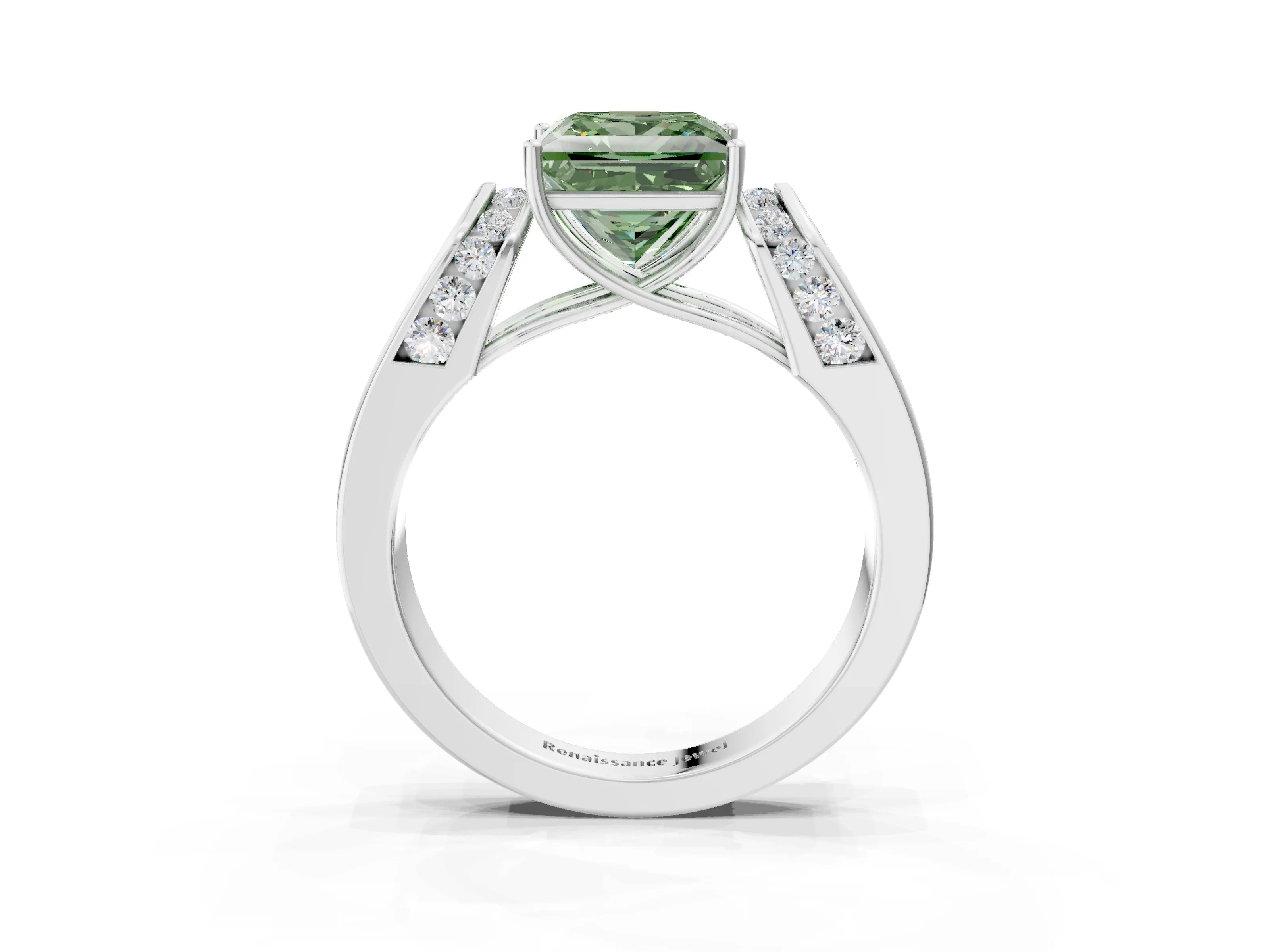 White gold Fancy Green Princess Cut Cut Diamond Channel Set Solitaire Ring with Four-Prong Setting_3