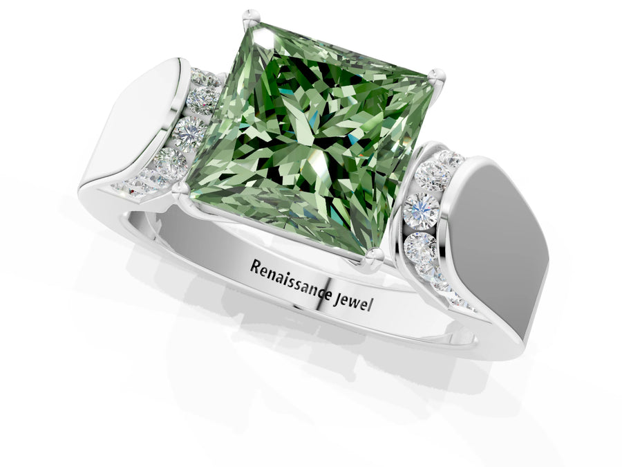 White gold Fancy Green Princess Cut Cut Diamond Channel Set Solitaire Ring with Four-Prong Setting