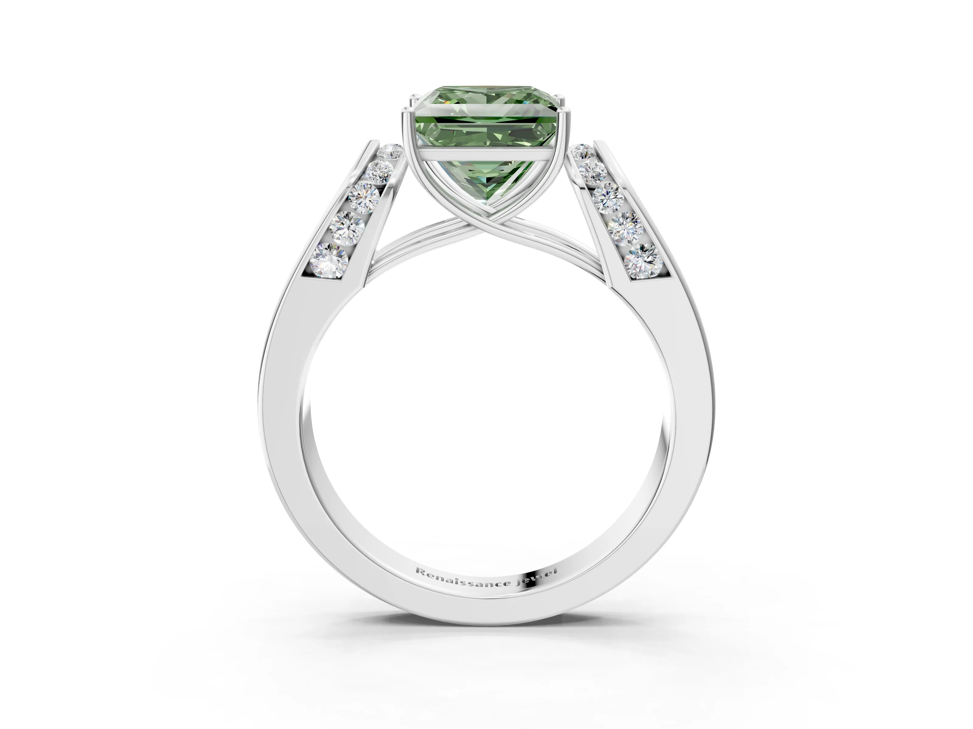 White gold Fancy Green Princess Cut Cut Diamond Channel Set Solitaire Ring with Four-Prong Setting_87