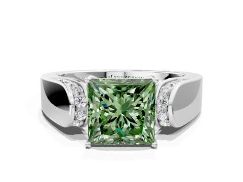 White gold Fancy Green Princess Cut Cut Diamond Channel Set Solitaire Ring with Four-Prong Setting