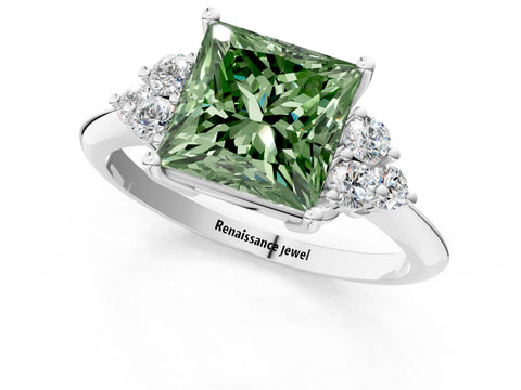 White gold Fancy Green Princess Cut Cut Diamond Cluster Ring with Solitaire Band and Four-Prong Setting_13