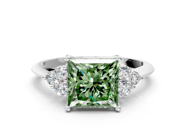 Platinum Fancy Green Princess Cut Cut Diamond Cluster Ring with Solitaire Band and Four-Prong Setting