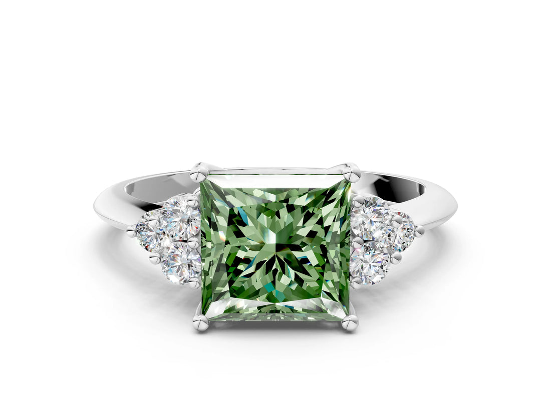 White gold Fancy Green Princess Cut Cut Diamond Cluster Ring with Solitaire Band and Four-Prong Setting_24