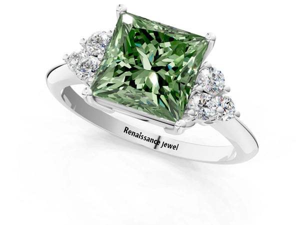Platinum Fancy Green Princess Cut Cut Diamond Cluster Ring with Solitaire Band and Four-Prong Setting