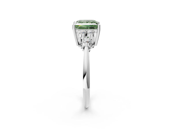 Platinum Fancy Green Princess Cut Cut Diamond Cluster Ring with Solitaire Band and Four-Prong Setting