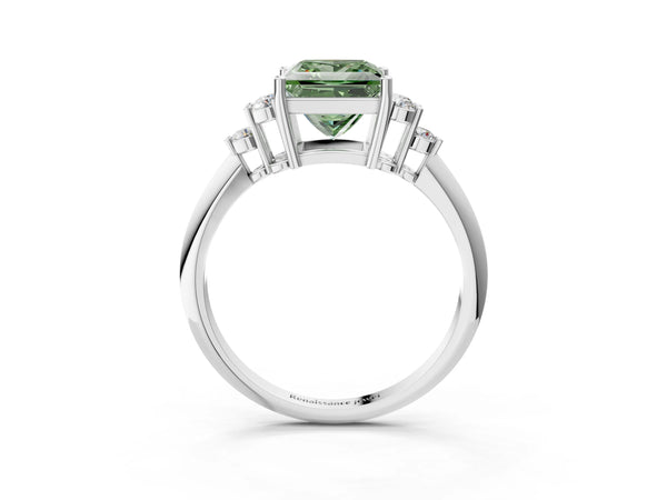 Platinum Fancy Green Princess Cut Cut Diamond Cluster Ring with Solitaire Band and Four-Prong Setting