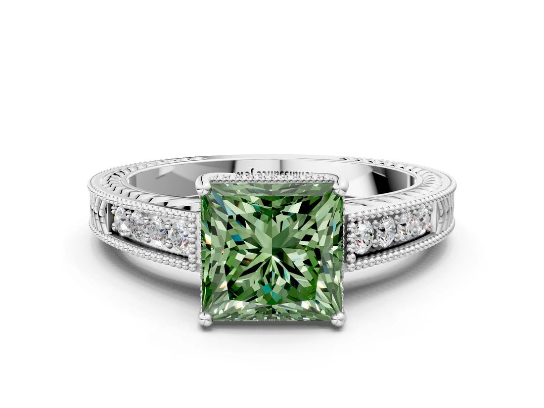 White gold Fancy Green Princess Cut Cut Diamond Milgrain Pave Band Four-Prong Setting Ring_3