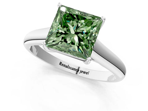 White gold Fancy Green Princess Cut Cut Diamond Solitaire Engagement Ring with Tapered Plain Band and Four-Prong Setting_1