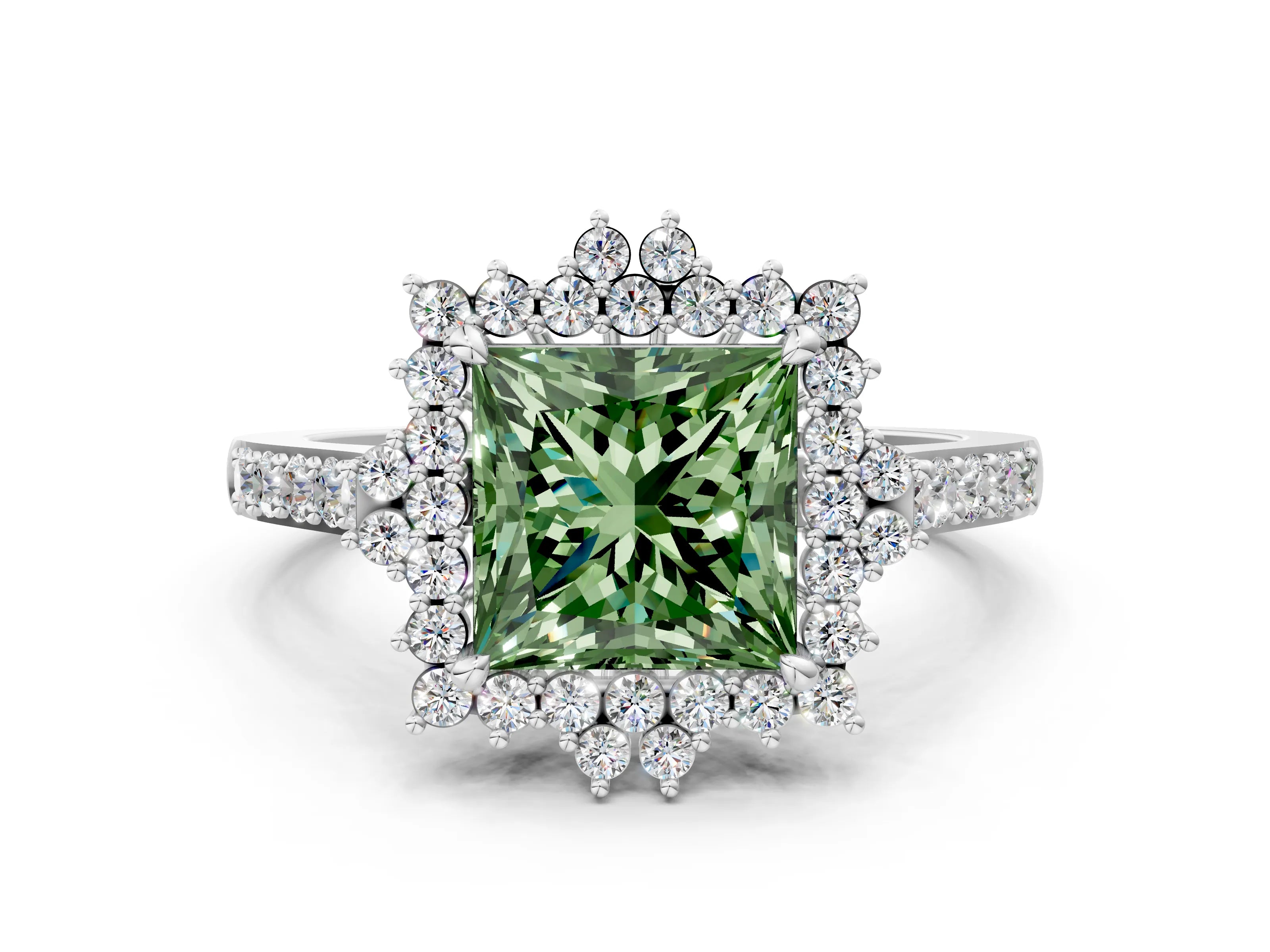 White gold Fancy Green Princess Cut Cut Diamond Sunburst Halo Engagement Ring with Pavé Band_12