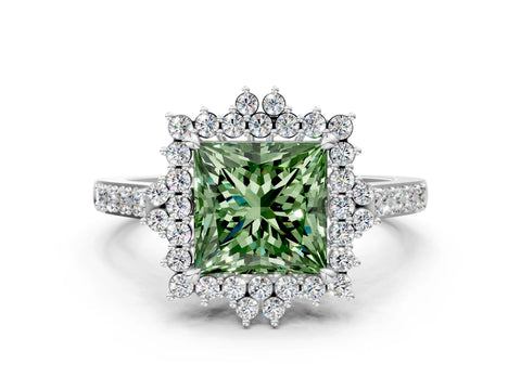 White gold Fancy Green Princess Cut Cut Diamond Sunburst Halo Engagement Ring with Pavé Band_12
