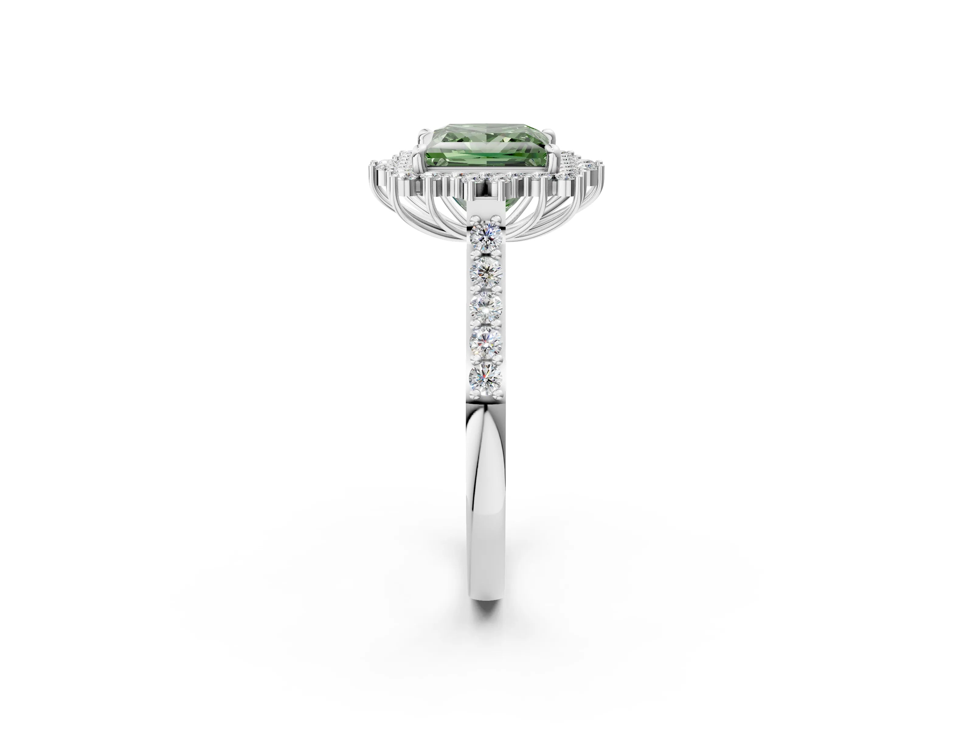 White gold Fancy Green Princess Cut Cut Diamond Sunburst Halo Engagement Ring with Pavé Band_14