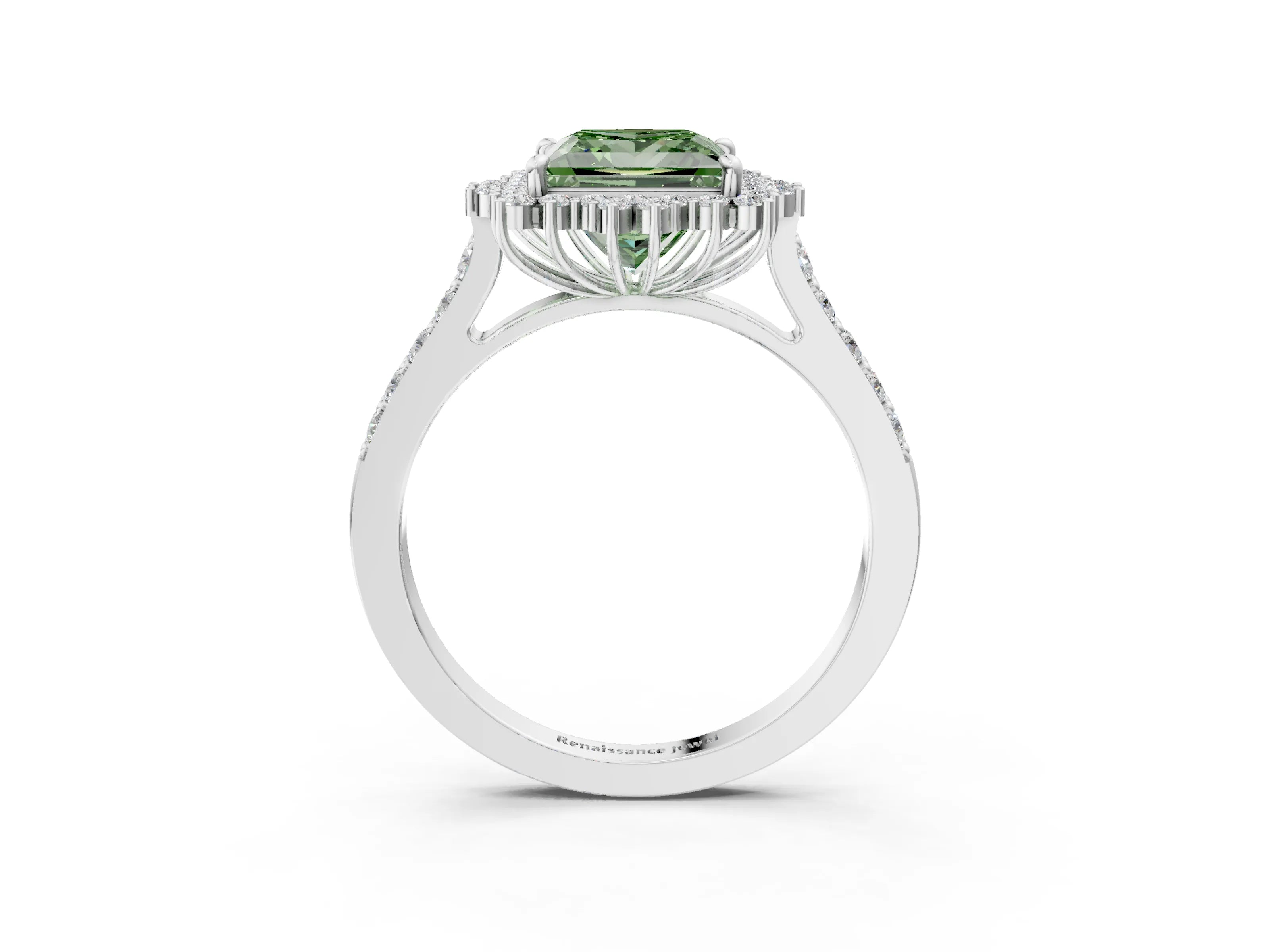 White gold Fancy Green Princess Cut Cut Diamond Sunburst Halo Engagement Ring with Pavé Band_15