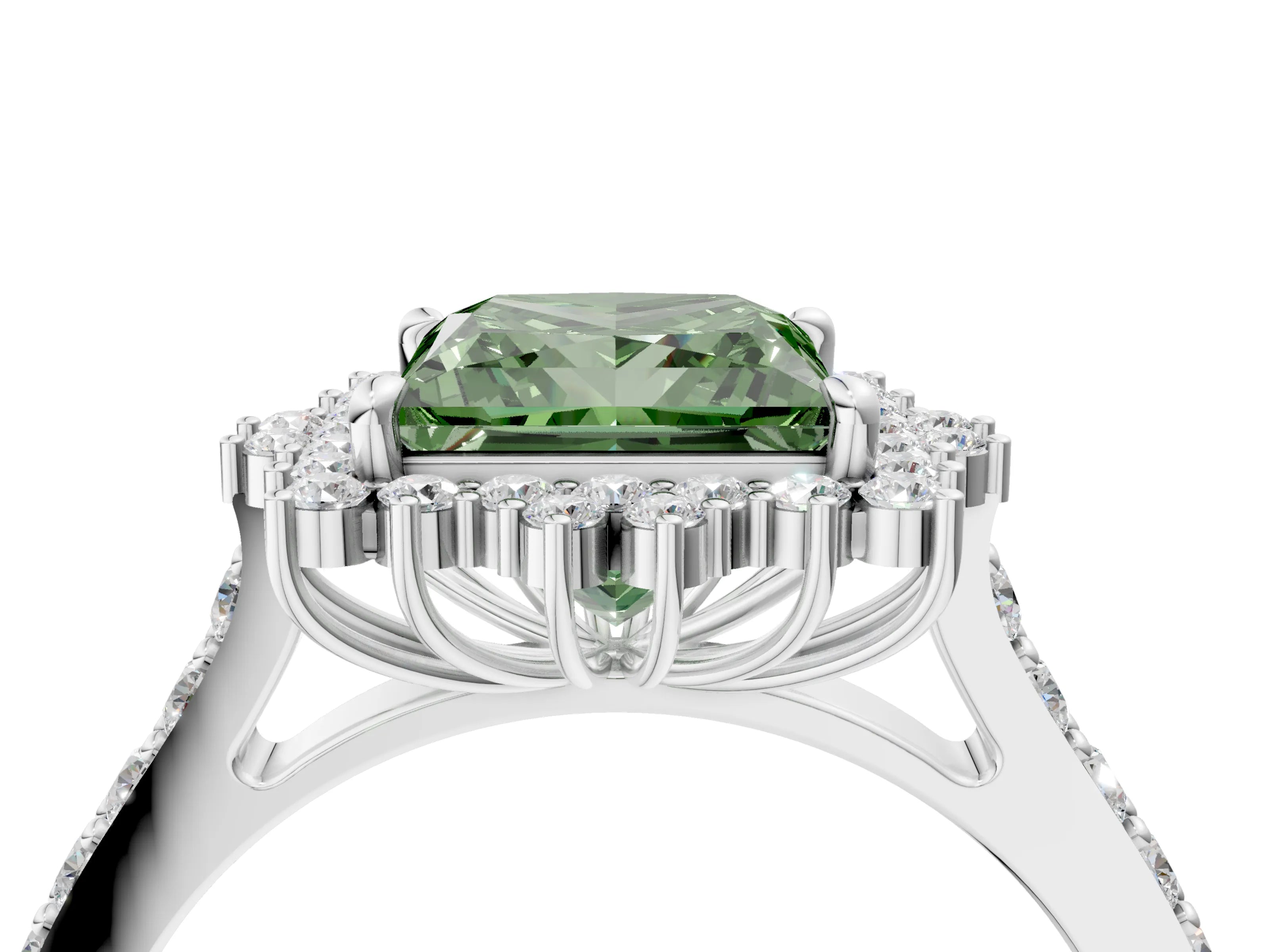 White gold Fancy Green Princess Cut Cut Diamond Sunburst Halo Engagement Ring with Pavé Band_16