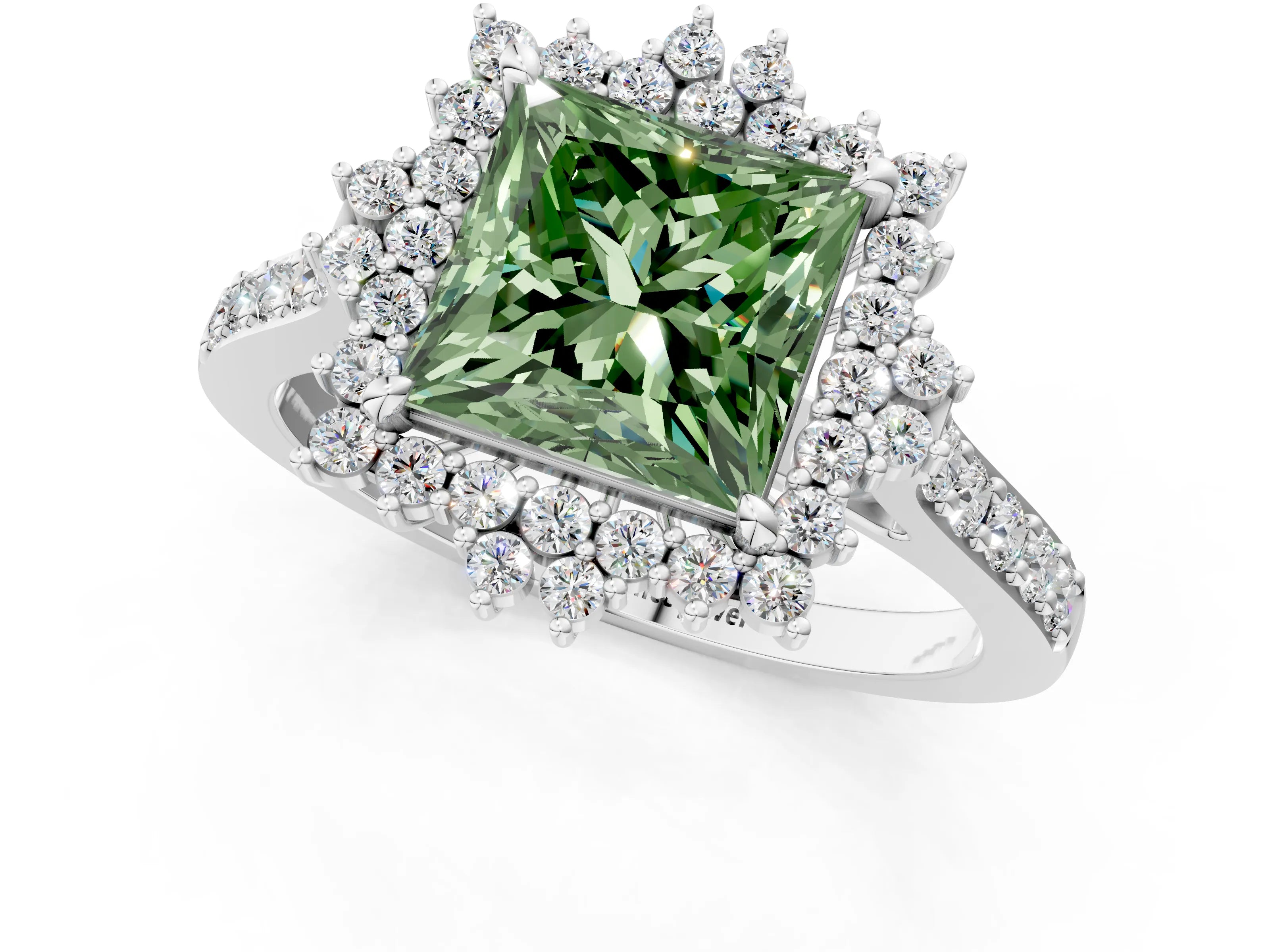 White gold Fancy Green Princess Cut Cut Diamond Sunburst Halo Engagement Ring with Pavé Band_1