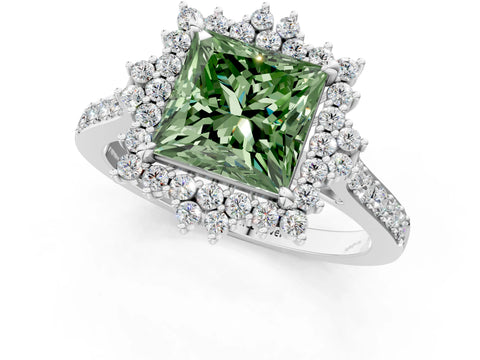 White gold Fancy Green Princess Cut Cut Diamond Sunburst Halo Engagement Ring with Pavé Band_1