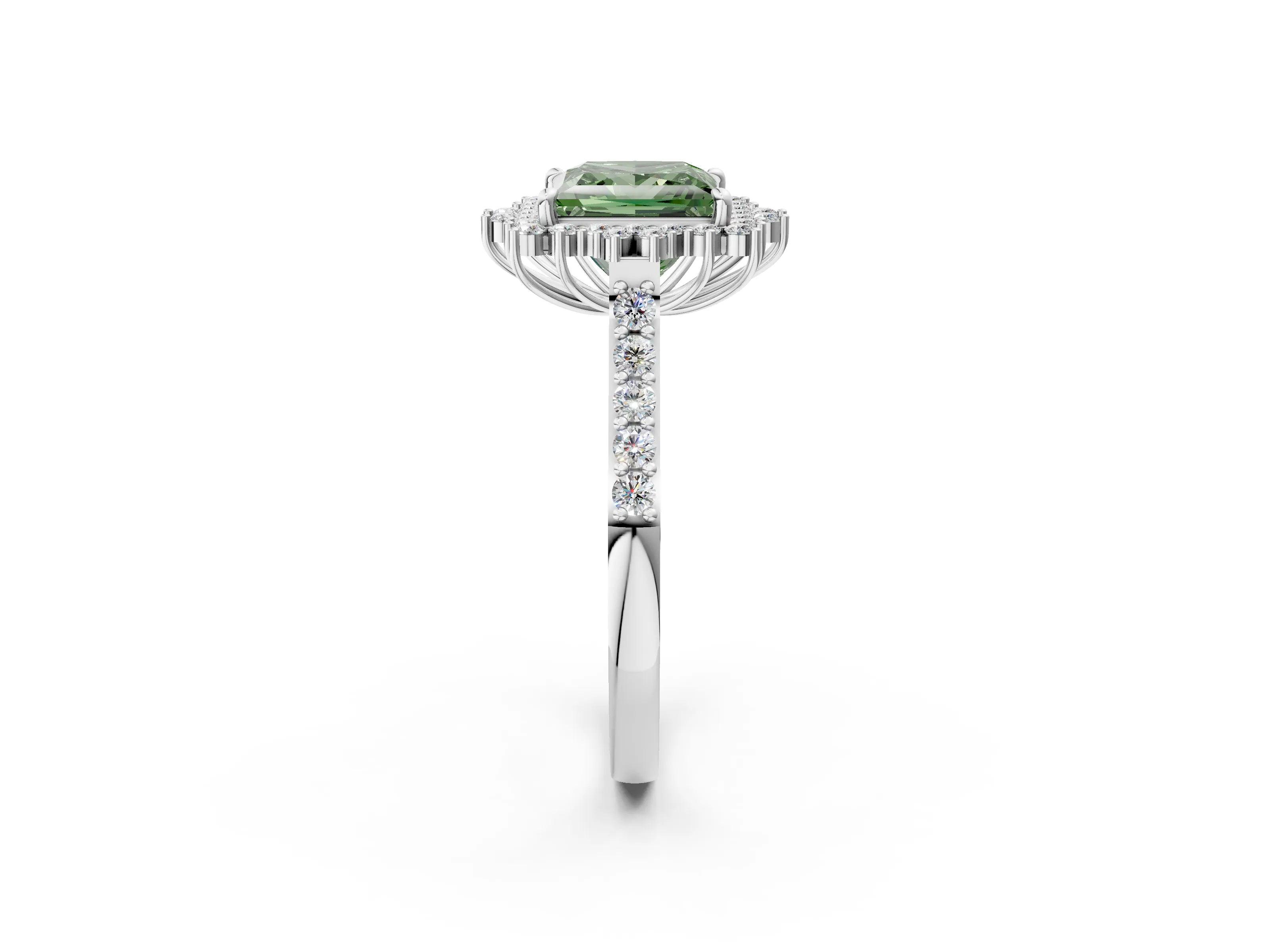 White gold Fancy Green Princess Cut Cut Diamond Sunburst Halo Engagement Ring with Pavé Band_2