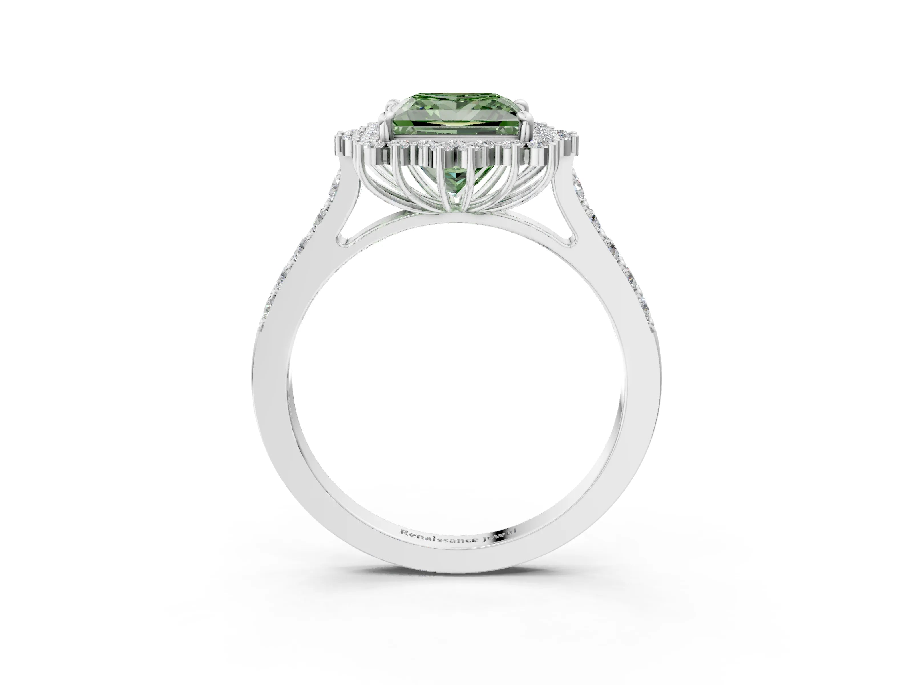White gold Fancy Green Princess Cut Cut Diamond Sunburst Halo Engagement Ring with Pavé Band_3