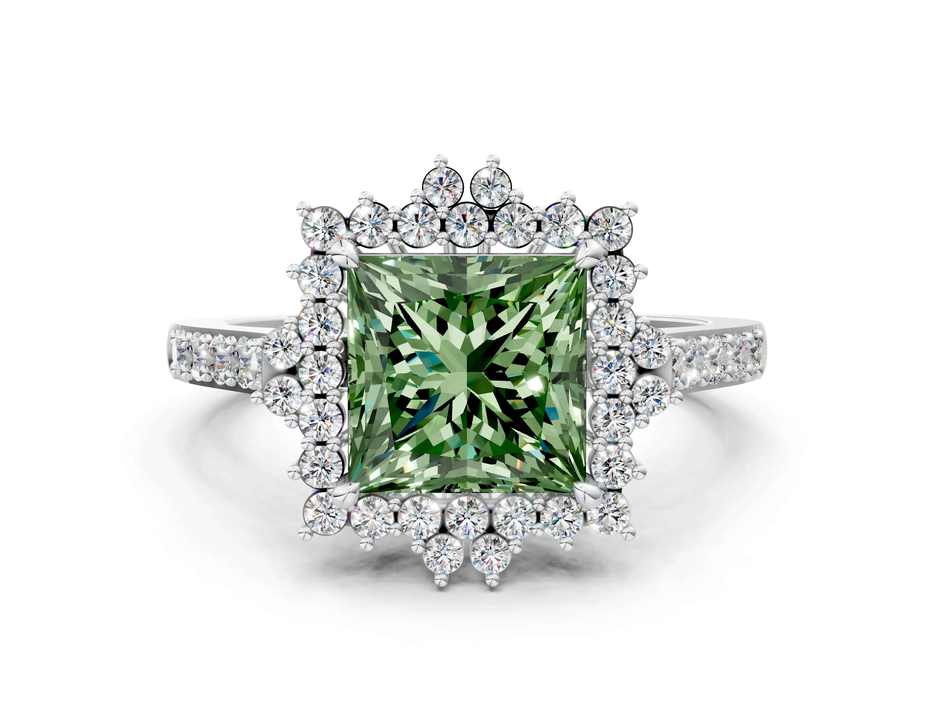 White gold Fancy Green Princess Cut Cut Diamond Sunburst Halo Engagement Ring with Pavé Band