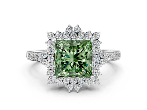 White gold Fancy Green Princess Cut Cut Diamond Sunburst Halo Engagement Ring with Pavé Band