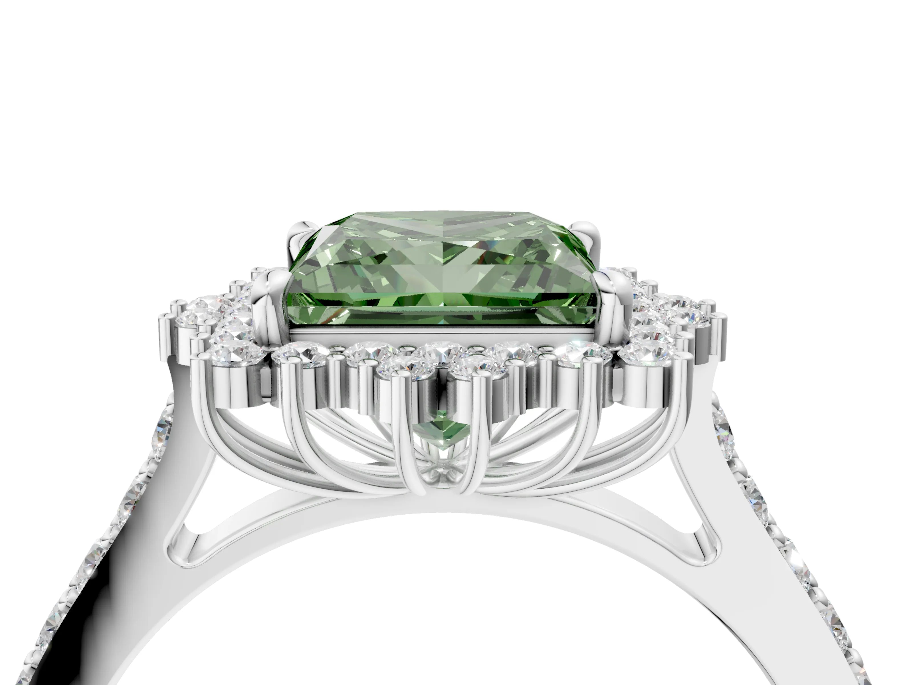 White gold Fancy Green Princess Cut Cut Diamond Sunburst Halo Engagement Ring with Pavé Band_4