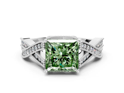 White gold Fancy Green Princess Cut Cut Diamond Twisted Band with Milgrain Pave Setting and Four-Prong Setting_12