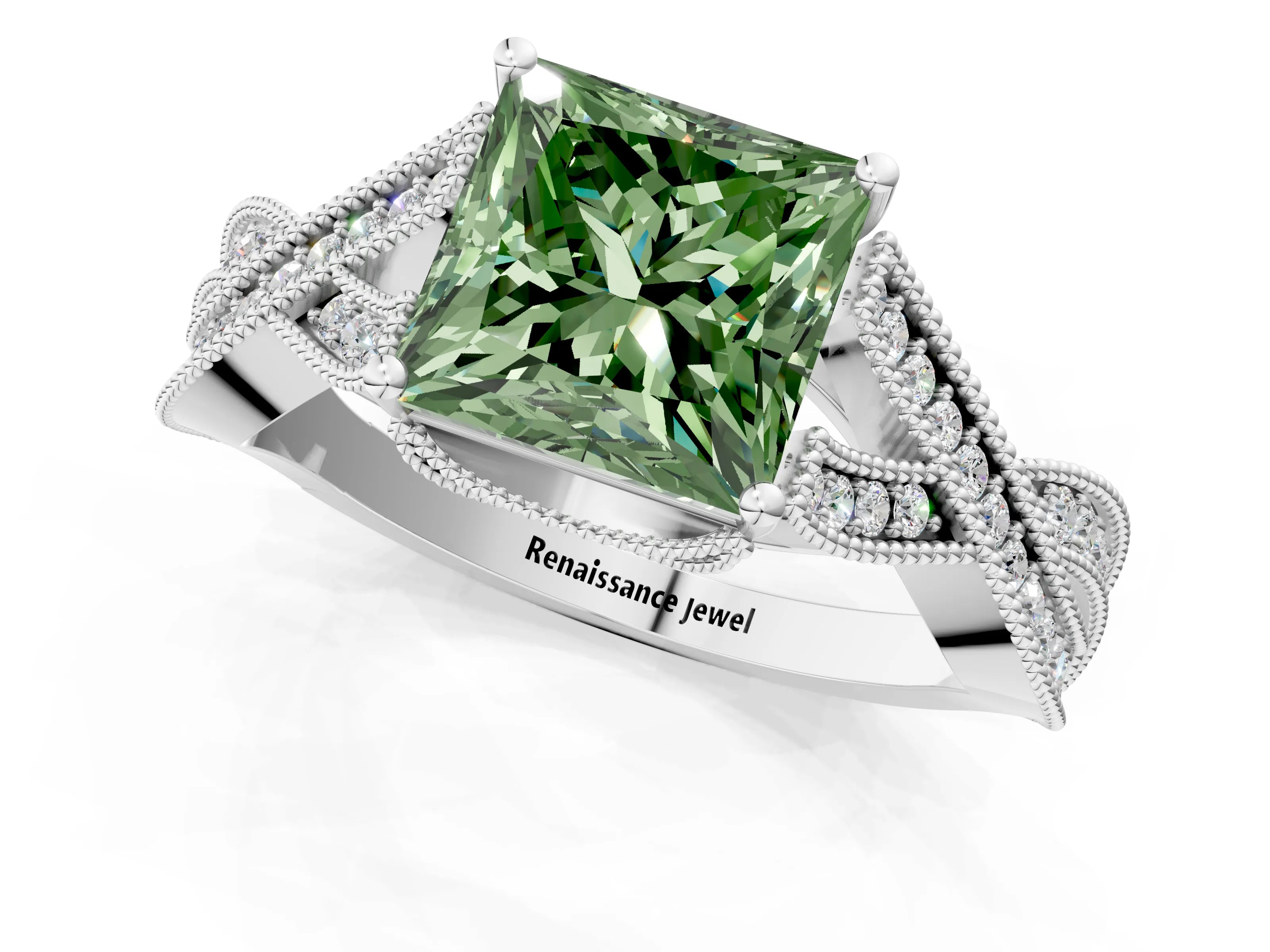 White gold Fancy Green Princess Cut Cut Diamond Twisted Band with Milgrain Pave Setting and Four-Prong Setting_13