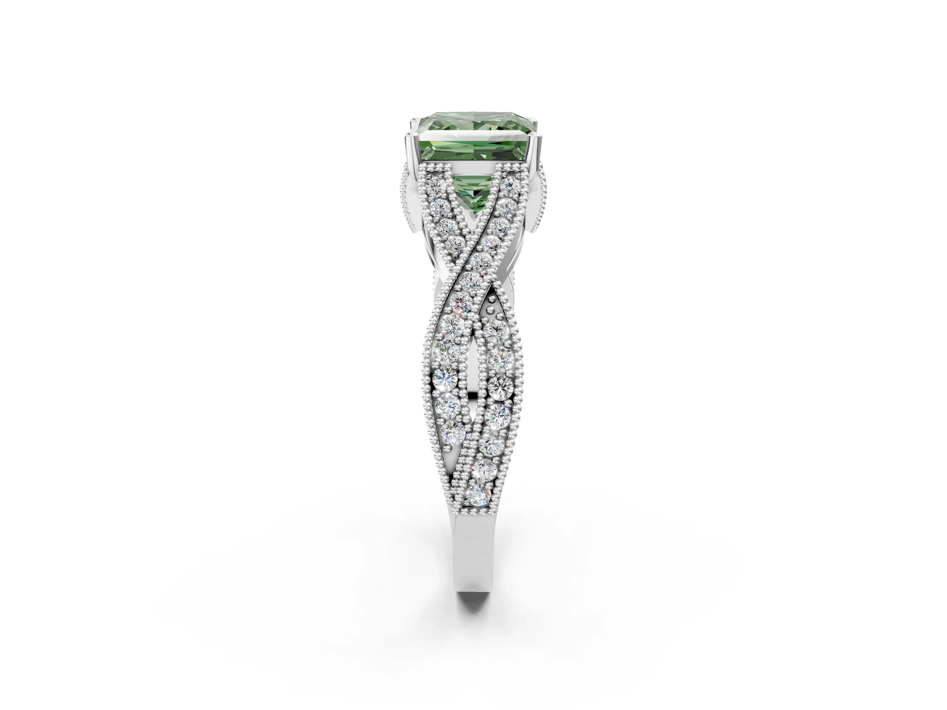 White gold Fancy Green Princess Cut Cut Diamond Twisted Band with Milgrain Pave Setting and Four-Prong Setting_14